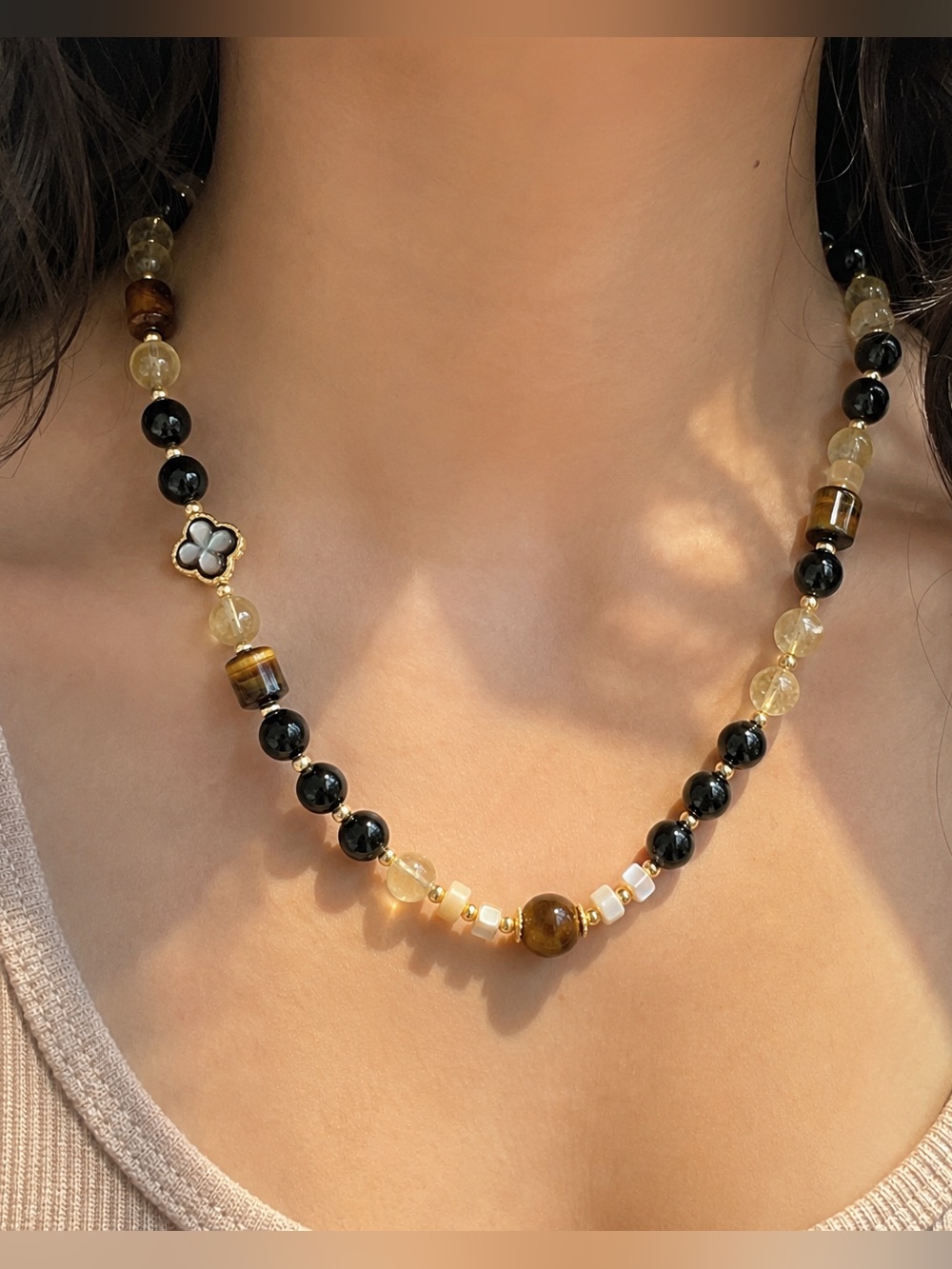 Handmade Natural Yellow Citrine| Black Agate |Tiger Eye |Shell Beads Necklace